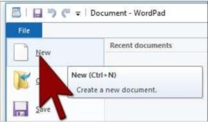 wordpad File menu New Options