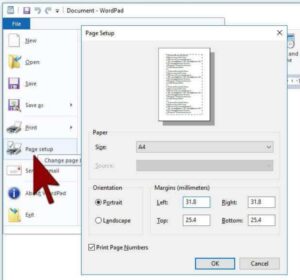 wordpad file menu pagesetup