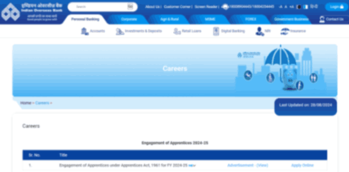 Indian Overseas Bank Apprentice Recuitment 2024