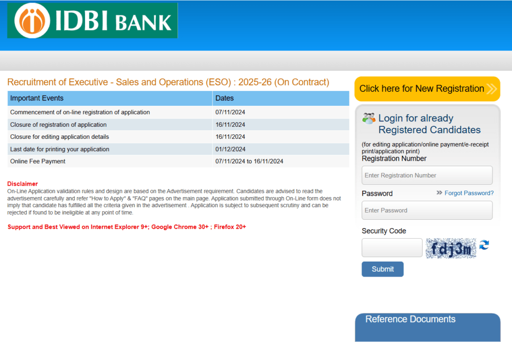 IDBI Executive Recruitment Online Form 2024